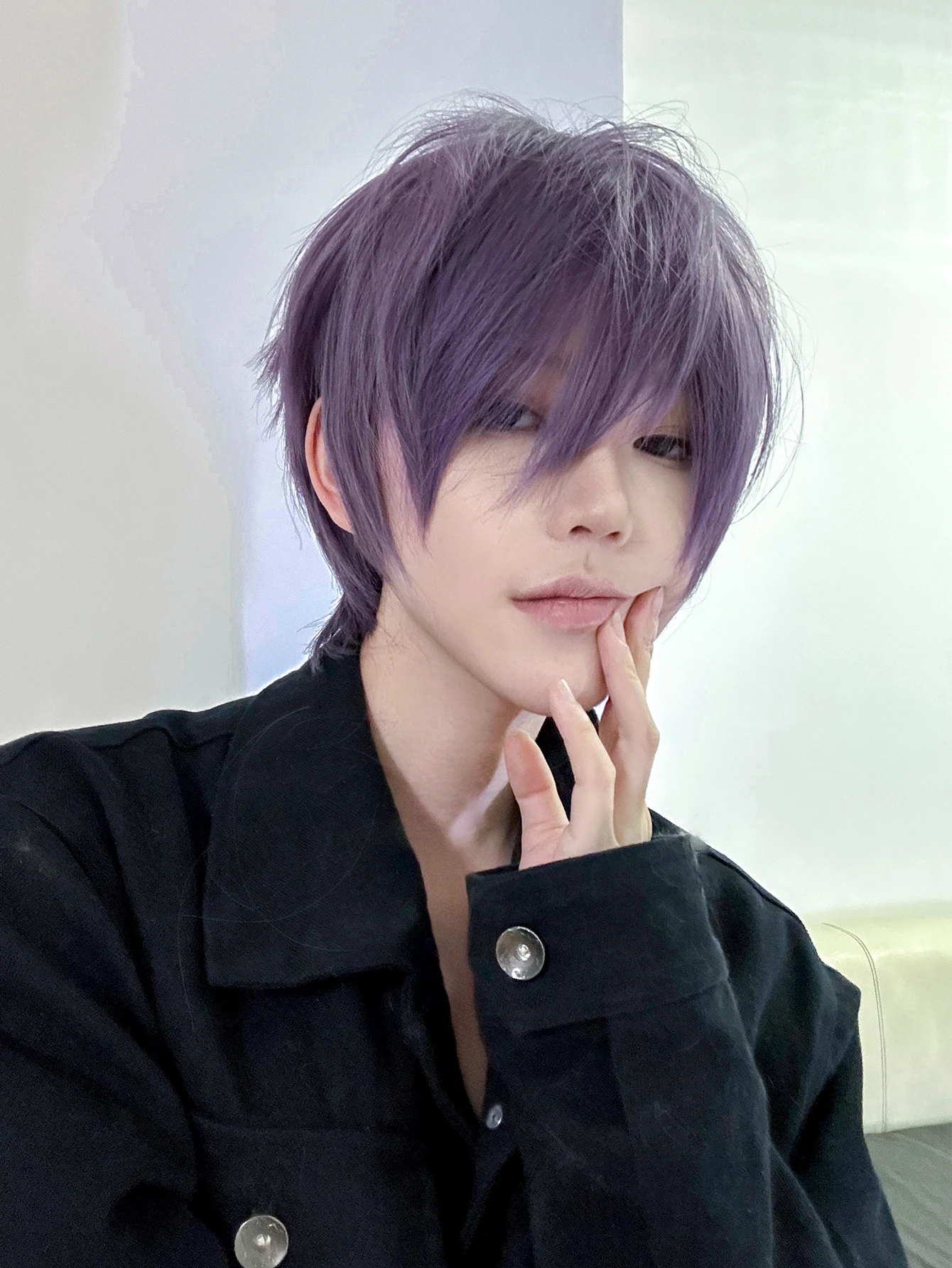 12Inch Purple Handsome Synthetic Wigs With Bang Short Straight Hair Wig For Man or Women Daily Use Cosplay Party Heat Resistant