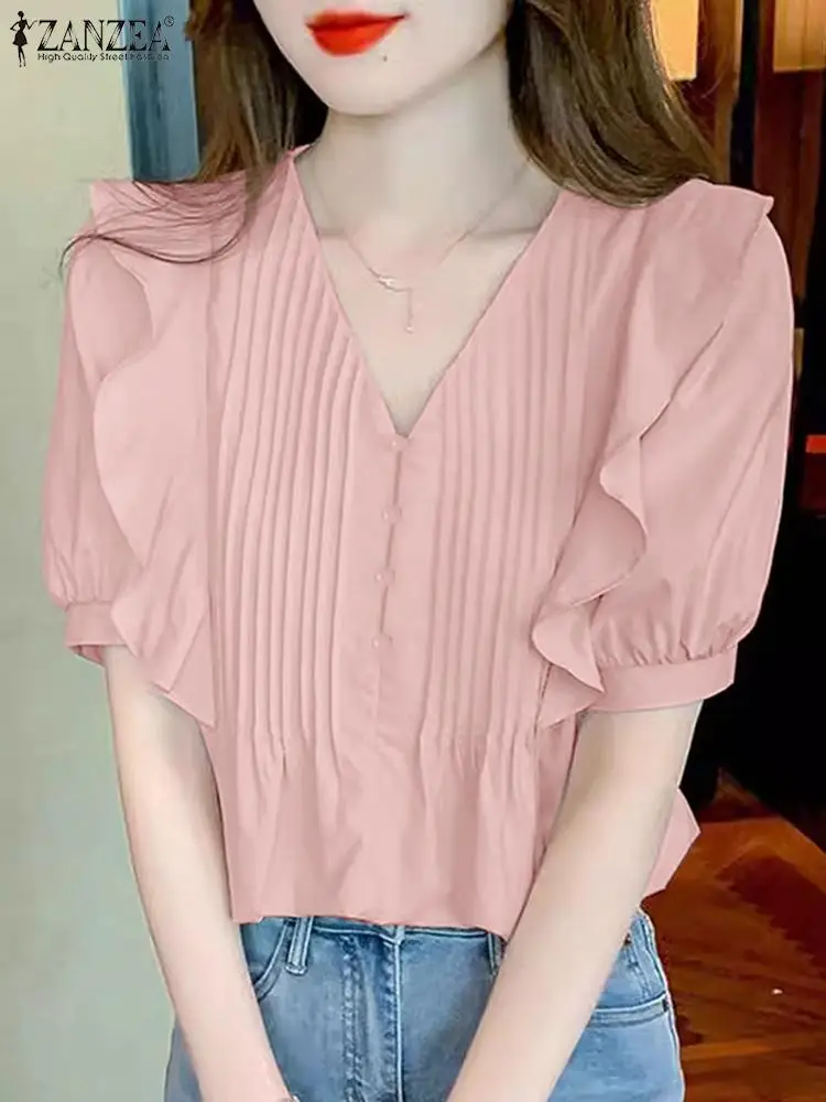 ZANZEA-Blusa plisada de manga corta con cuello en V para verano, camisa de estilo coreano con volantes, color liso, 2024