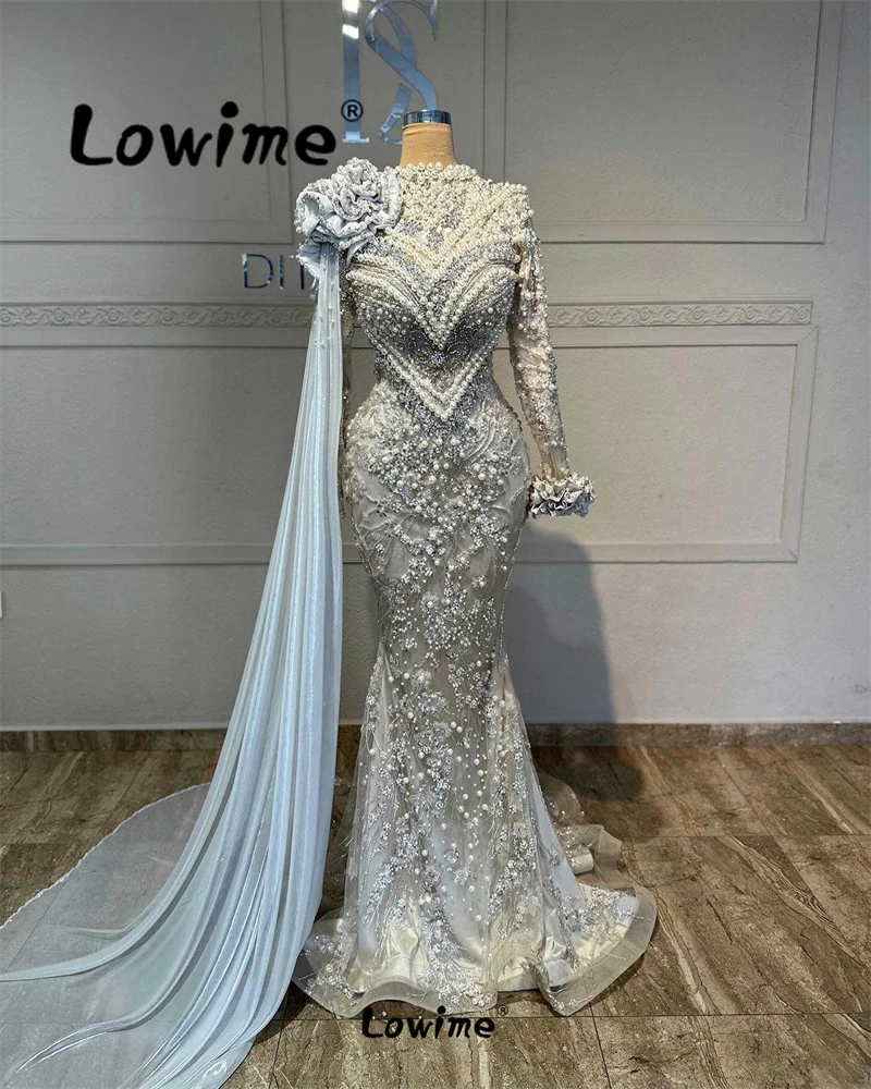 

Arabic Pearls Beading Mermaid Evening Dresses Long Sleeves 2024 Formal Bespoke Occasion Dresses Elegant Women Party Prom Gowns