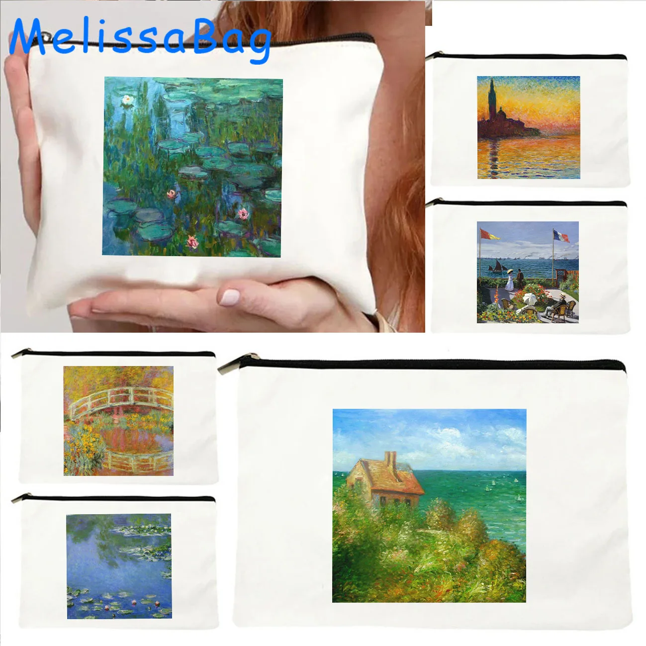 

Claude Monet Water Lilies Painting Gift Garden Flowers Bridge Tulip Sunrise Canvas Cosmetic Bags Makeup Pencil Case Zipper Pouch