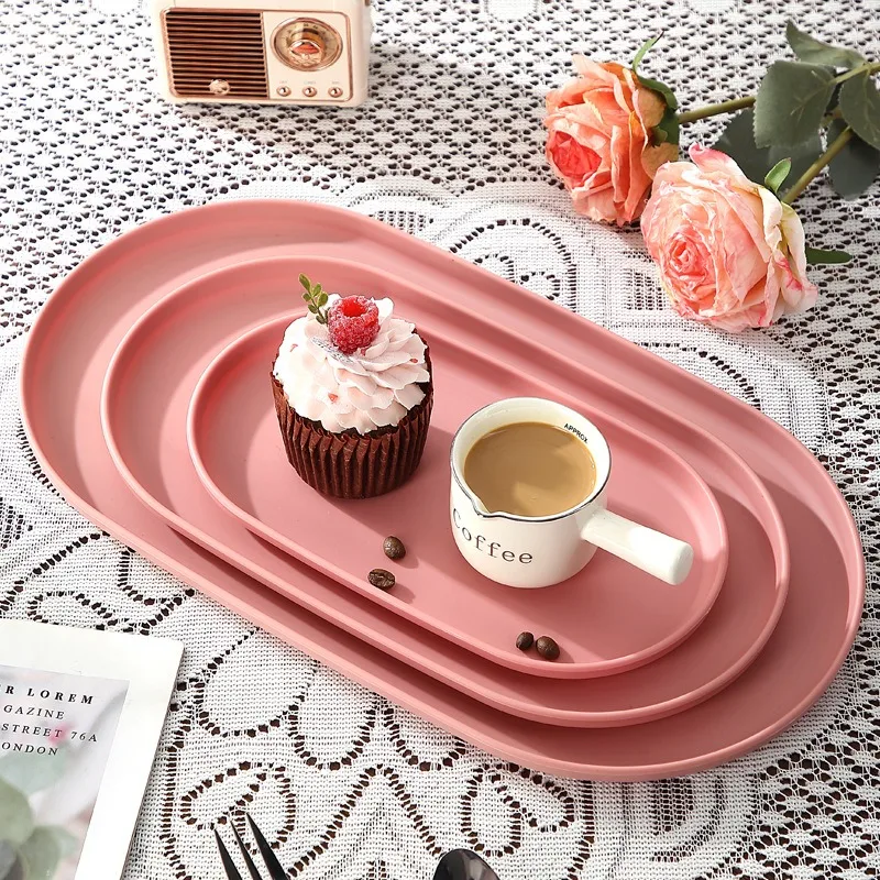 4Pcs Plastic Coffee Tray, Oval Food Serving Plate with Smooth Surface for Household Dessert Anti-fall Tray Afternoon Tea - view 2