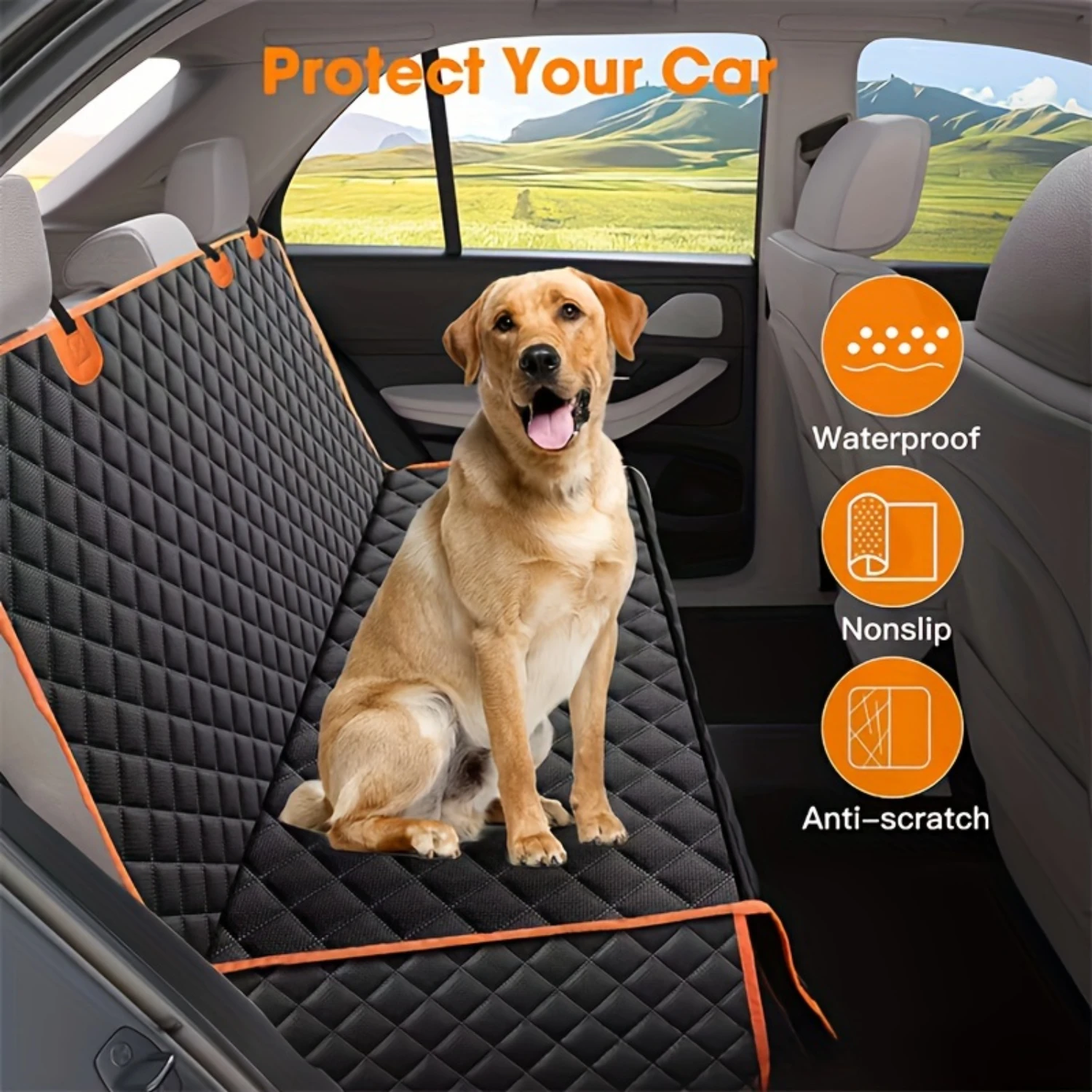 1pc Premium Pet Car Seat Cover - Waterproof, Non-Slip, Anti-Scratch Protective Bench Seat Protector with Orange Piping - Rear Se