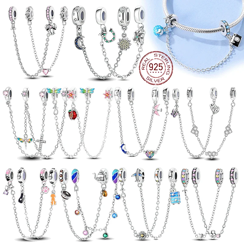 

New Original Safety Chain Clasp Clip Charm Bead 925 Sterling Silver Heart Bow Star Moon Fit Bracelet DIY Woman Girl Jewelry Gift