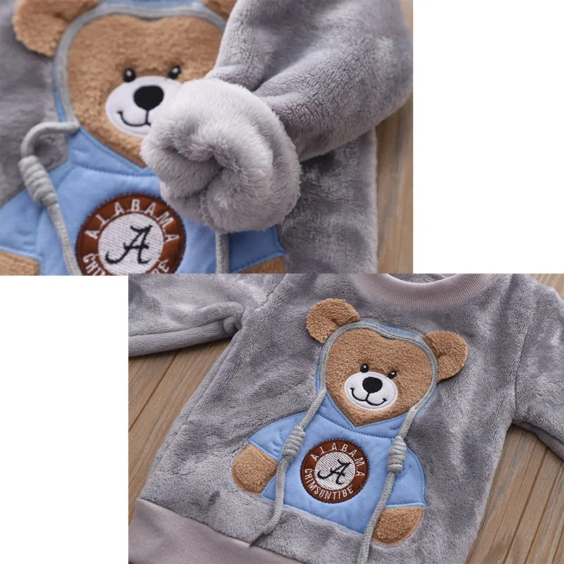 2023 Winter Baby Boys Clothes Sets Autumn Cotton Thick Warm Hooded Sweater Cute Bear Two-Piece Girls Fleece Suit 0-6 Years