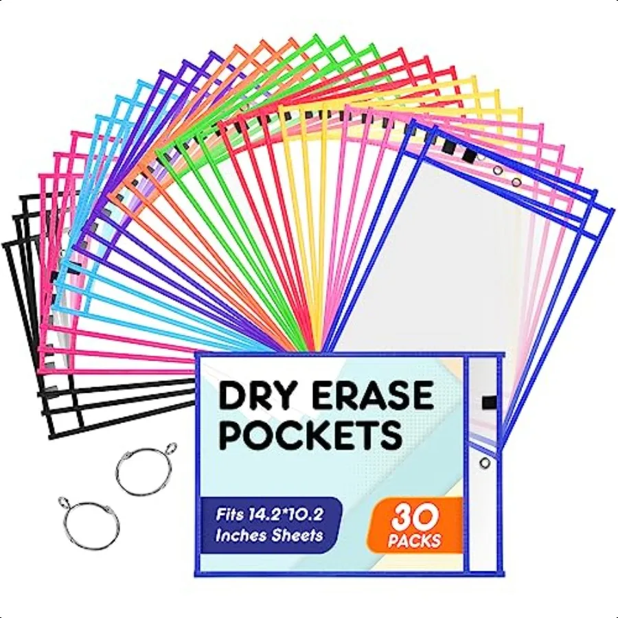 

Oversized Reusable Dry Erase Pocket30 Packs Plastic Sleeves with 2 Rings Job Ticket Holders Heavy Duty Sheet Protectors for Cla