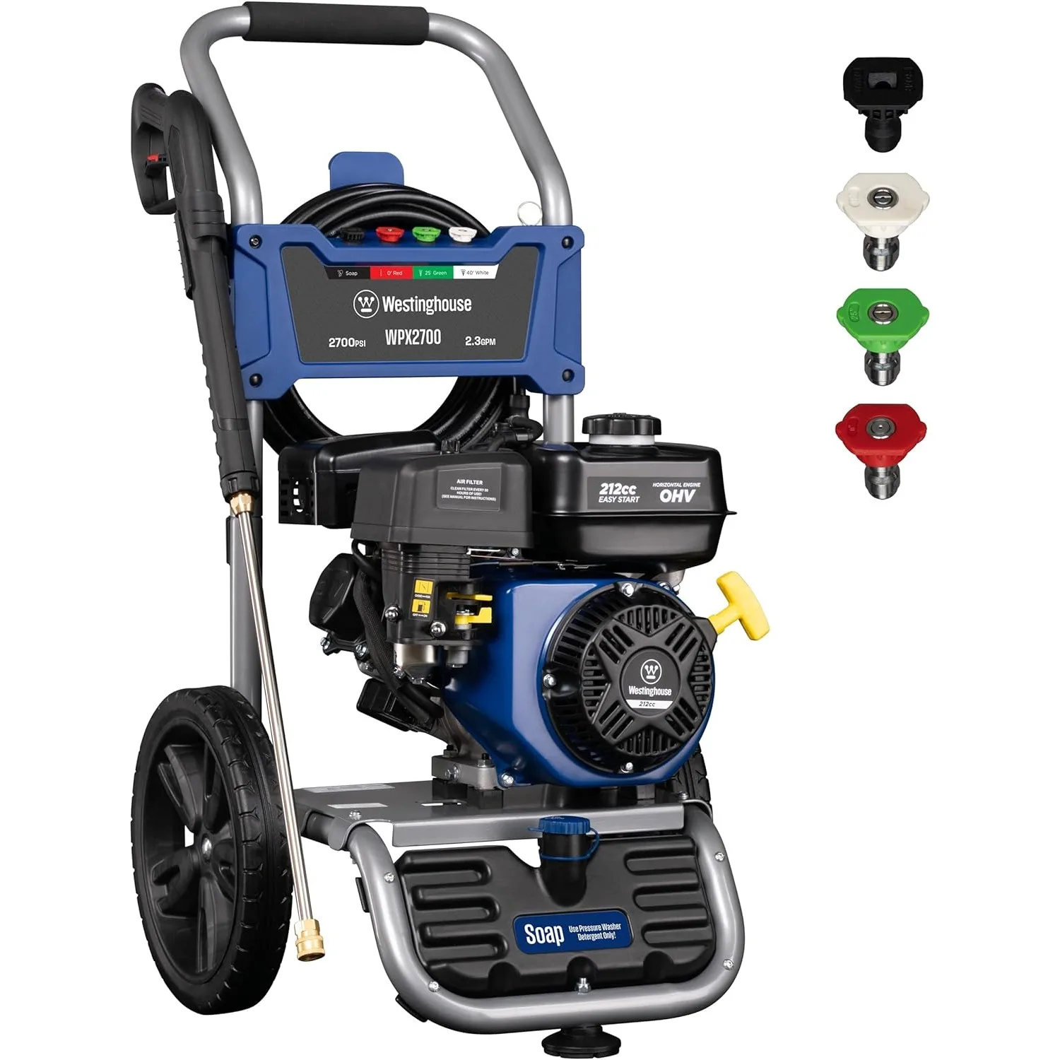 

WPX2700 Gas Pressure Washer, 2700 PSI & 2.3 Max GPM, Onboard Soap Tank, Spray Gun and Wand, 4 Nozzle Set, for Cars/Fences/Homes