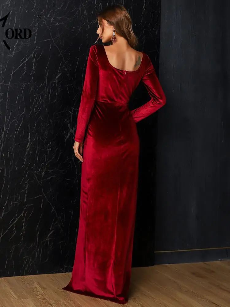 Missord Wine Velvet Party Dress Women Long Sleeve U Neck Thigh Split Prom Evening Dresses Elegant Winter Christmas Gown