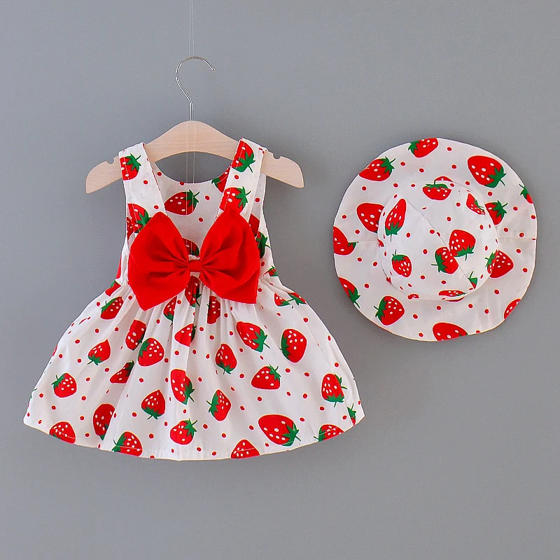 Summer Children\'s Dress Cotton Bow Sleeveless Girl Dress 0-3 Year Old Strawberry Print Baby Dress