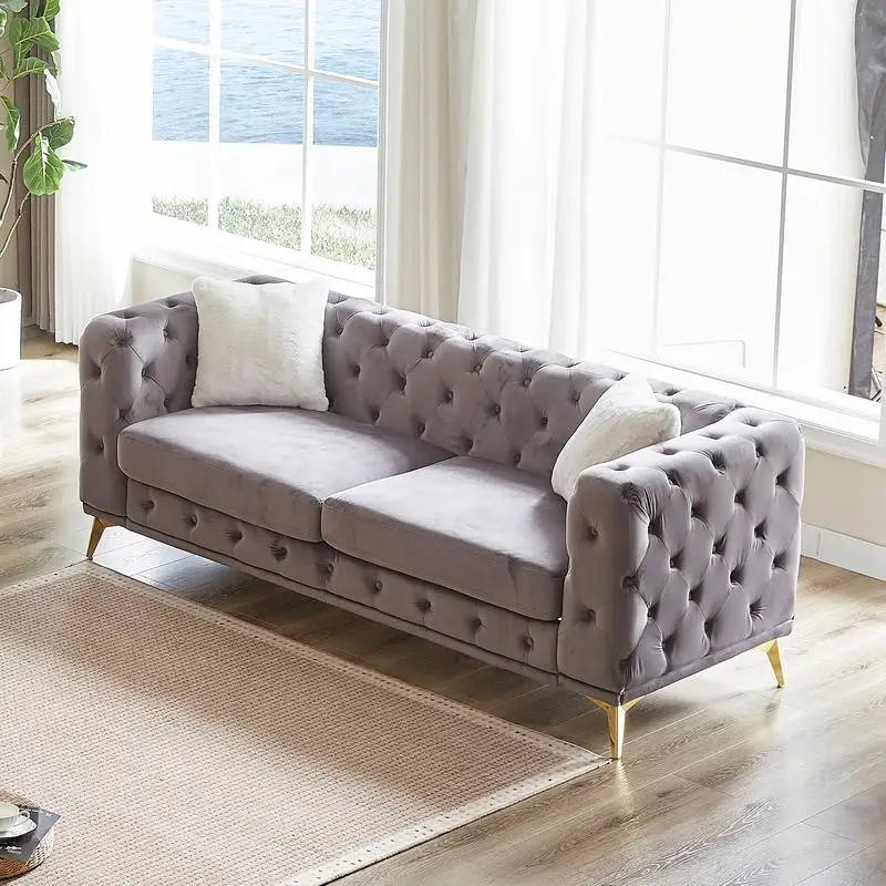 Deluxe Velvet Sofa 82.5" Chesterfield Tufted with 2 Pillows & Metal Feet