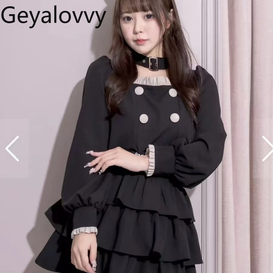 Japanese Sweet Cute Girls Double-Breasted Long-Sleeve Top and High-Waisted Mini Skirts Puffy Cake Short Skirt Two-Piece Set