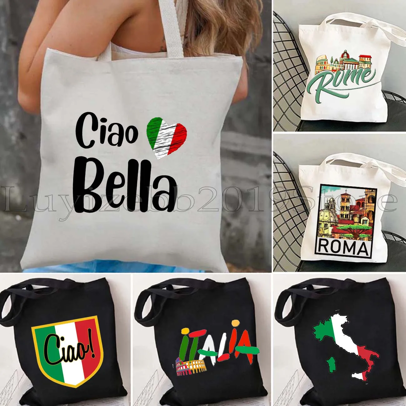 

Duomo Florence Forza Italia Colosseum Rome Pisa Ciao Bella Italian Map Heart Flag Italy Cute Gifts Canvas Tote Bag Girls Handbag