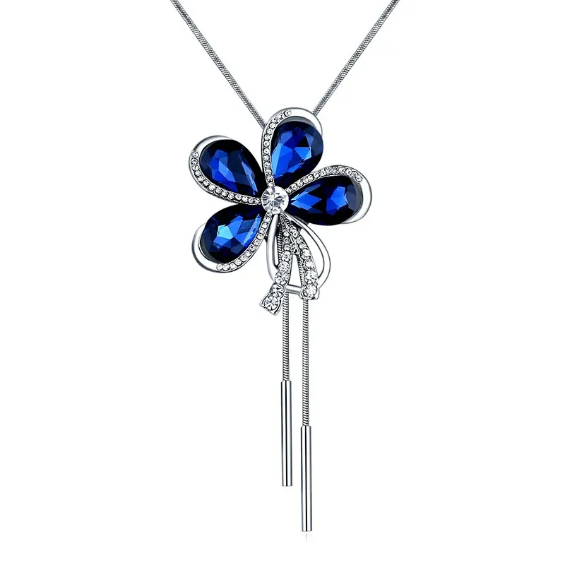 Crystal Five Petal Flower Necklaces & Pendants for Women Trendy Long Collier Femme Fashion Female Sweater Chain Jewelry