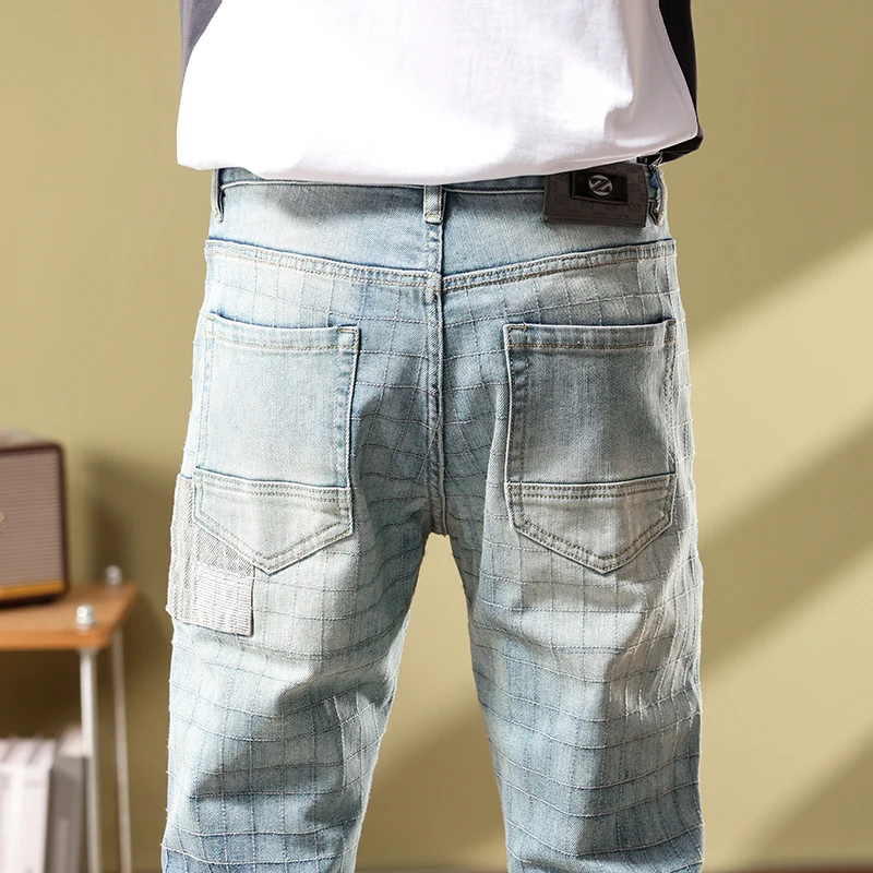 Men's patchwork slim fit small straight leg pants embroidered handsome personalized long pants men clothing  jeans for men