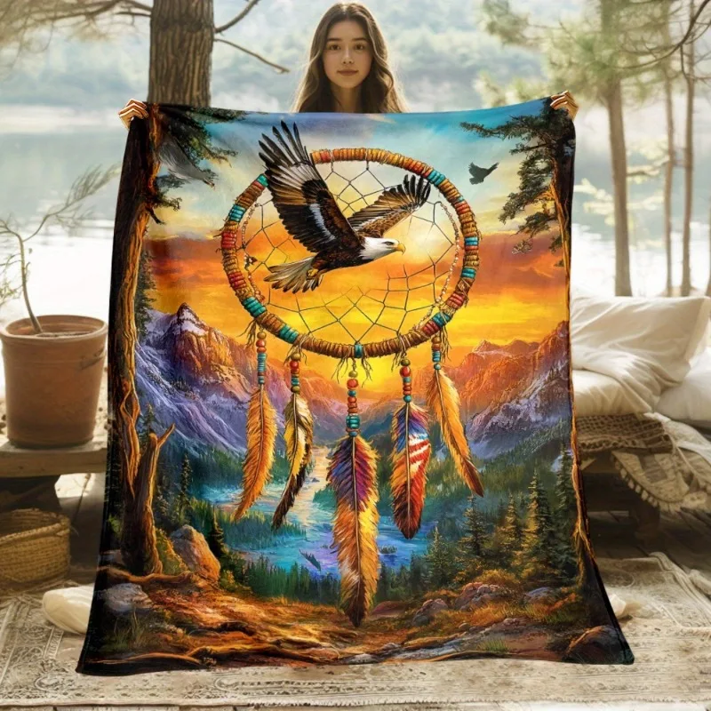 1pc Dreamcatcher Tribal Bohemian Throw Blanket - Lightweight Flannel Sofa Bedspread with Eagle Indians Teepees