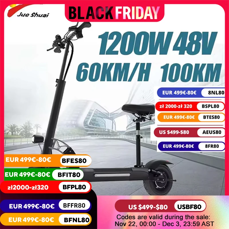 100KM Range X48 1200W Electric Scooter for AdultsE Scooter with Seat Foldable Design 10INCH Street Tire Trottinettes électriques