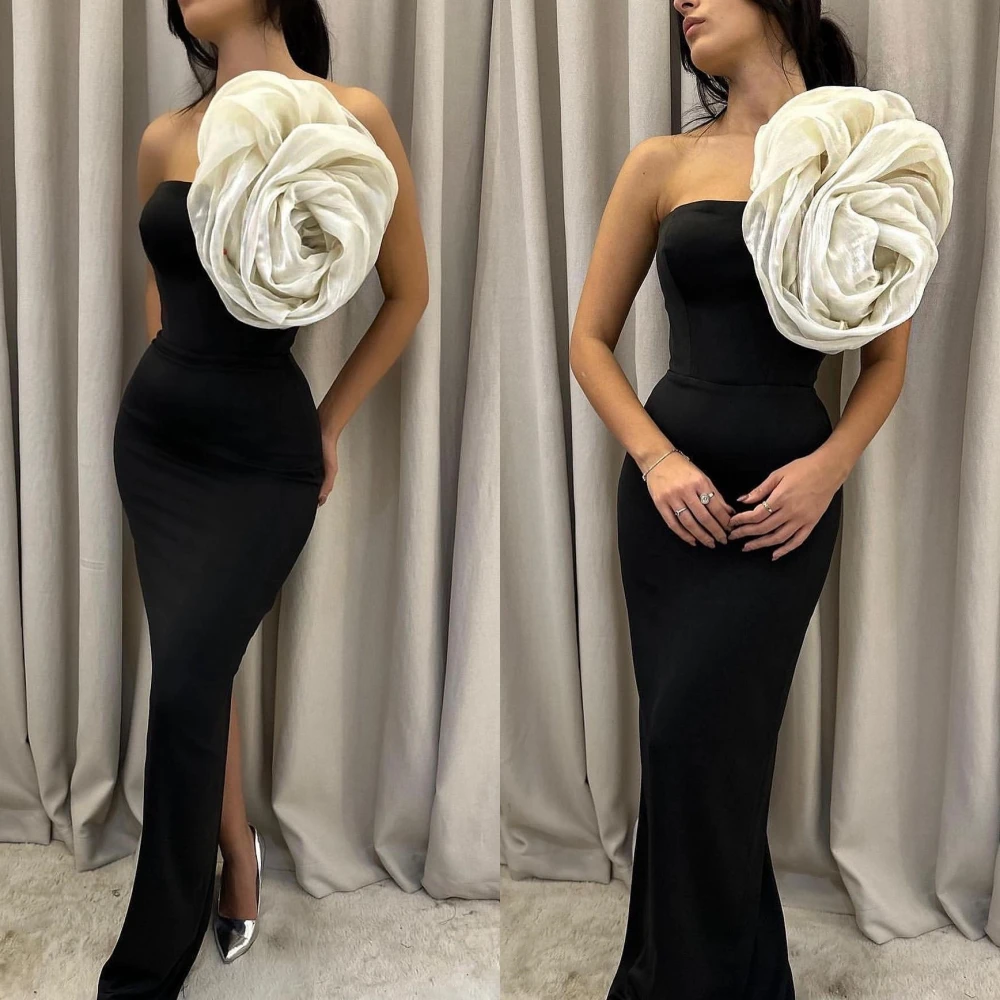 

Sparkle Exquisite High Quality Jersey Flower Ruched Party A-line Strapless Bespoke Occasion Gown Long Dresses