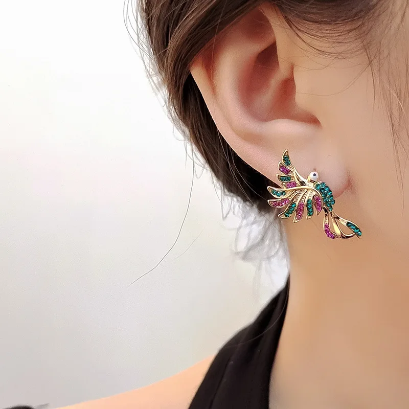 Huitan Colorful Phoenix Bird Stud Earrings for Women Cocktail Party Personality Female Accessories Fancy Gift Statement Jewelry