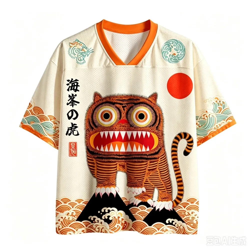 Ukiyo-e Tiger Monster 3DPrint Men V-neck T-shirt Breathable Quick-drying Outdoor Harajuku Streetwear Style Parent-Child Clothing