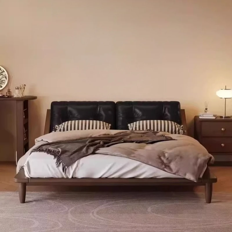 Mid century genuine leather bed 2 people 180x200cm Modern high-end luxury full size bed frame camas de dormitorio furniture