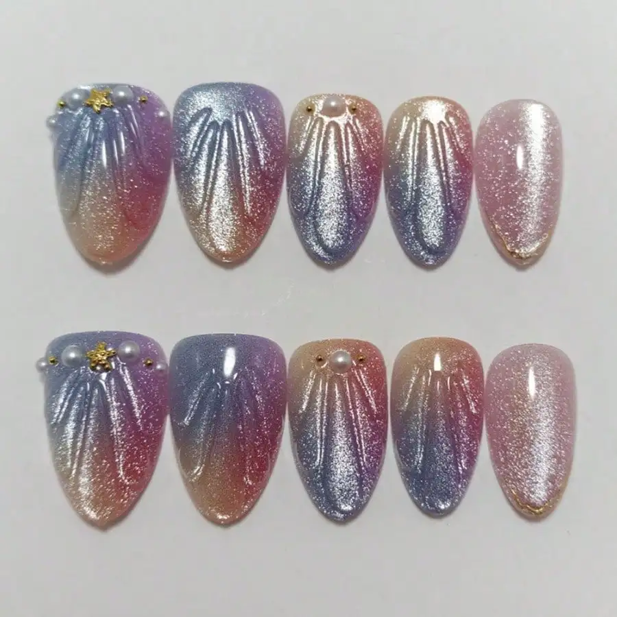 Mermaid Gradient Press On Nails for Women, Glitter Shell & Pearl Decor, Almond Shape Fake Nails