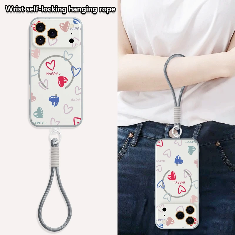 Love Heart Pattern Magnetic Phone Case For iPhone 17 16 Pro 15 14 13 Pro Max For Magsafe Wrist Strap Lanyard Hard PC Back Cover view 4