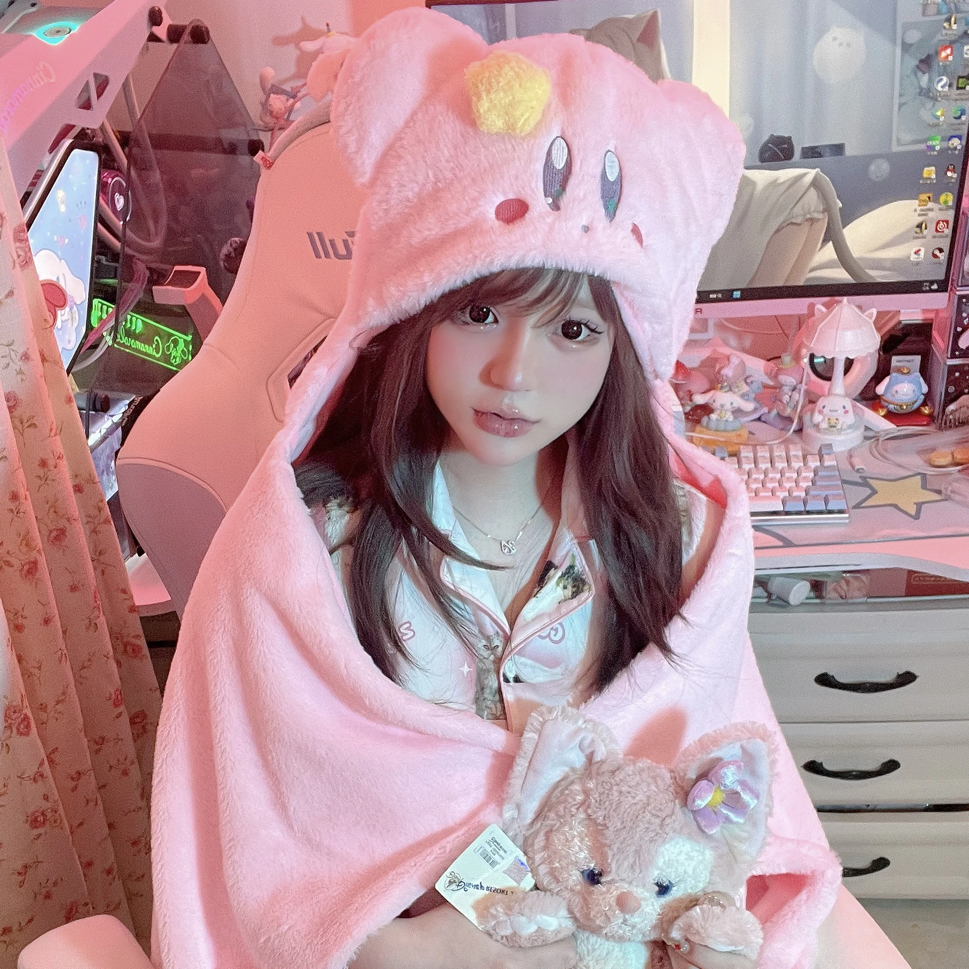 Miniso Star Kirby Hooded Cape Blanket Cute Plush Cape Shawl Winter Warm Hat Scarf Gloves U-shaped Hooded Pillow Girl Gift