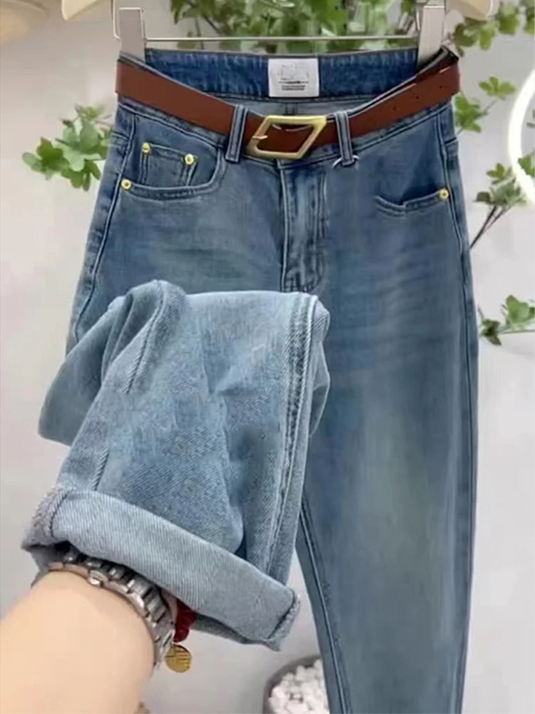 Elástico de cintura alta perna reta jeans feminino primavera e outono cor sólida versátil nove pontos harlan cenoura calças