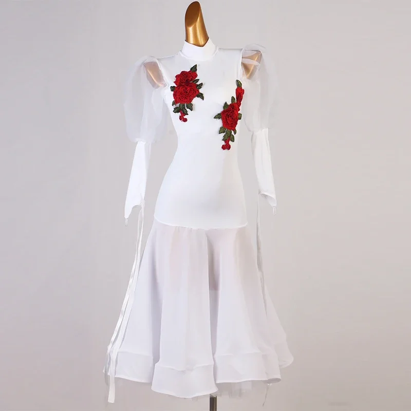 Vestido de Baile de Salón para Mujer, Manga Larga, Traje de Baile Negro, Ropa de Práctica de Baile, Calcomanías Blancas, Faldas de Flamenco, Disfraces Rojo Rosa