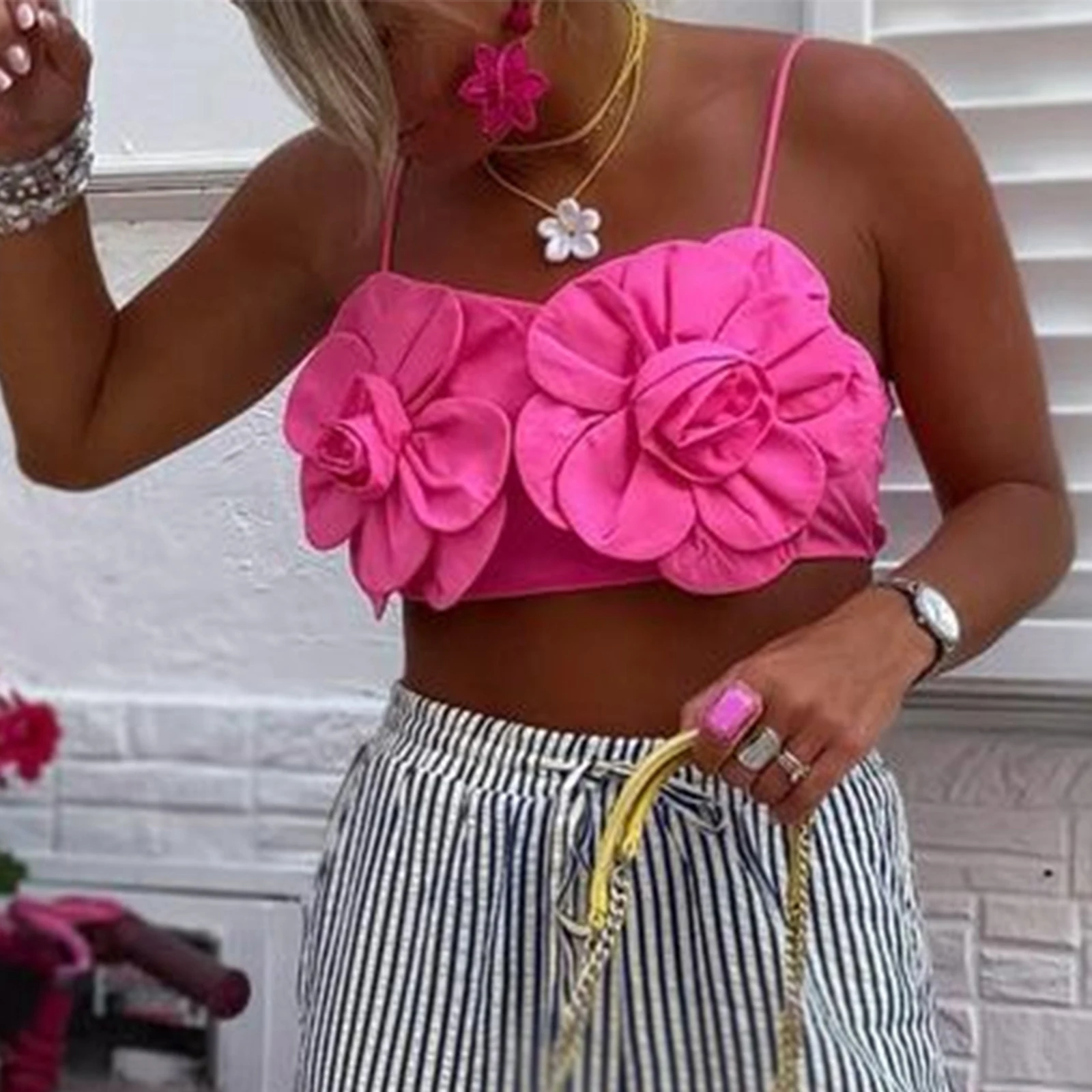 Hirigin-Haut court à fleurs 3D pour femme, caraco précieux, bretelles spaghetti sexy, dos nu, fête d'été, streetwear féerique Y2K