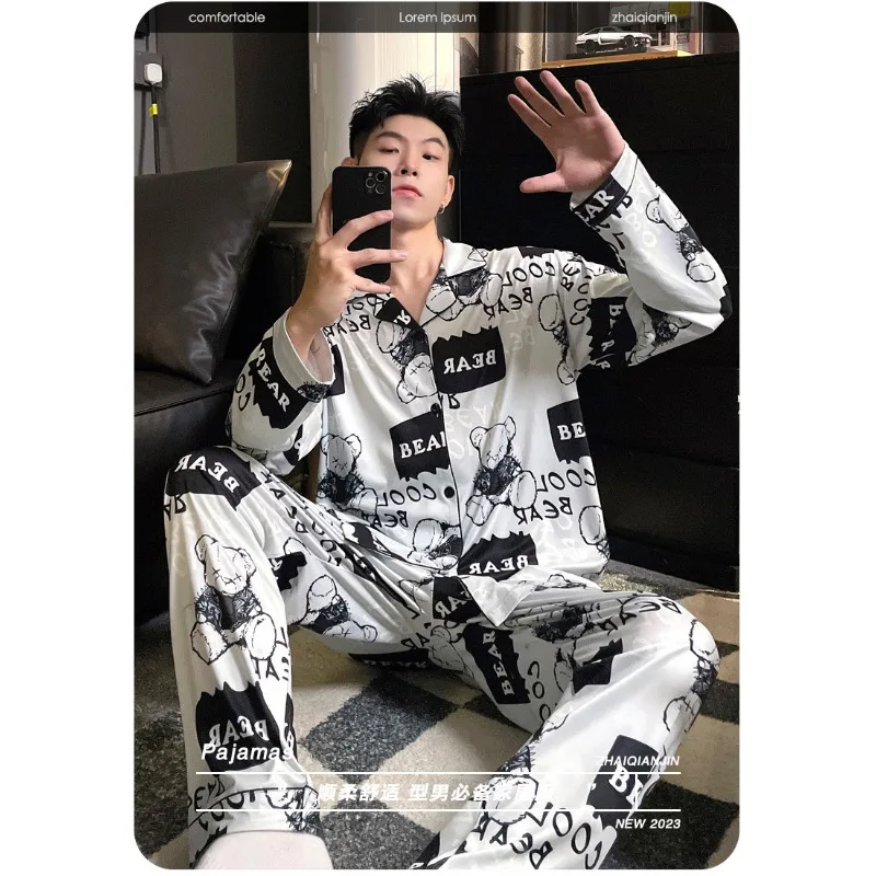 Large Size Men Pajamas Set Korean Version of Pajamas Student Loungewear Cartoon Bear Simple Sleepwear Homewear Tops and Pants