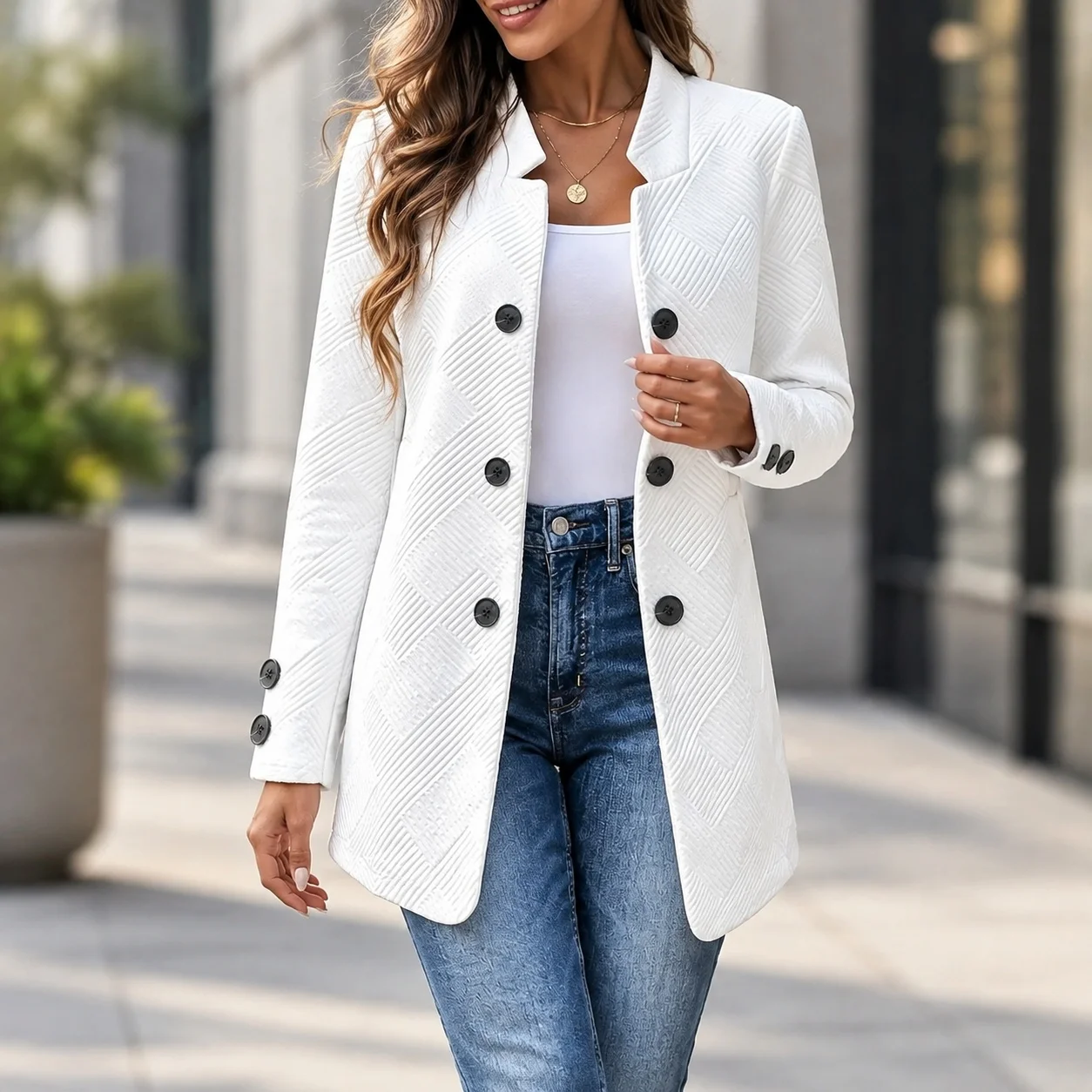 Pocket Jacquard Top Regular Fit Commuter Chic with Three Button Double Breasted Jacket Stand Collar Long Sleeve Women Jacket