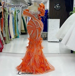 New Orange Celebrity Dresses For Women 2025 Crystals Mermaid Evening Gowns Elegant Vestidos De Gala Pageant Dresses With Feather