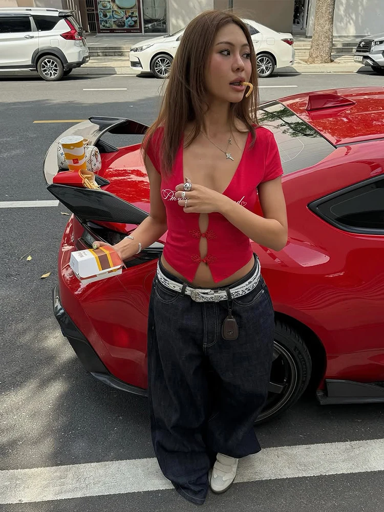 Kliou Brief Print T-shirts Vrouw Sexy Lage Hals Chinese Knoop Holle Decoratie Mini Mouw Navel Blootgesteld High Street Style tees