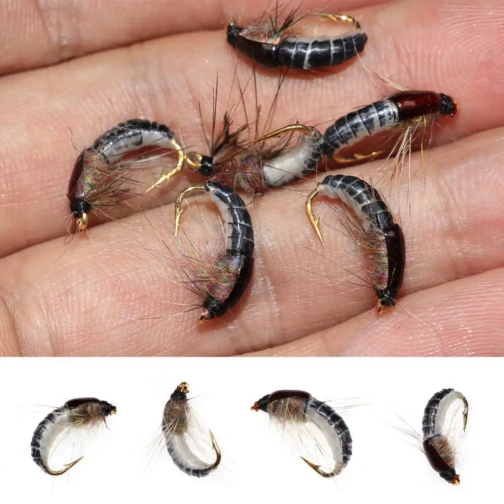 For Bimoo 6pcs #12 Realistic Nymph Scud Fly For Trout Fishing Nymph Artificial Insect Bait Lure Caddis Nymph Fishing Fly I4j3