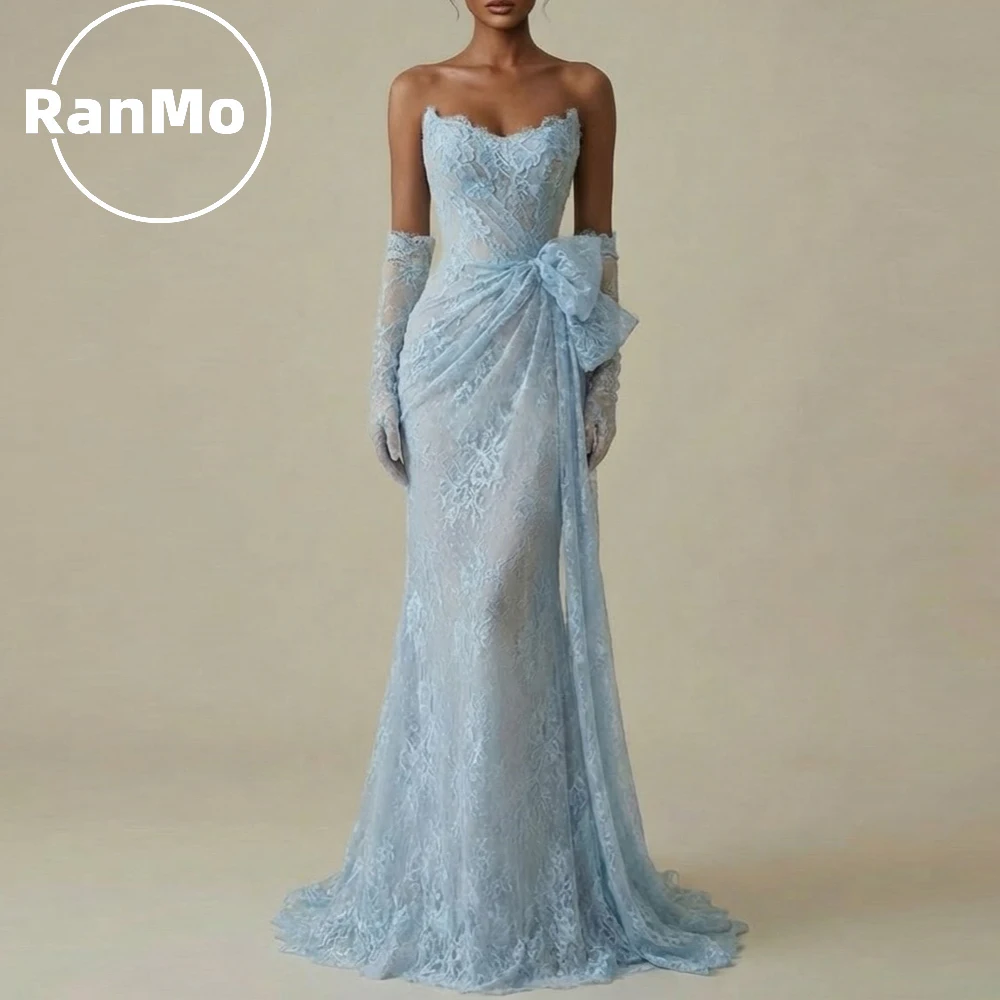 

Ranmo Customized Baby Blue Mermaid Pleats 2026 New Strapless Prom Dresses Bow Lace Vestidos De Noche Floor-Length Formal Evening