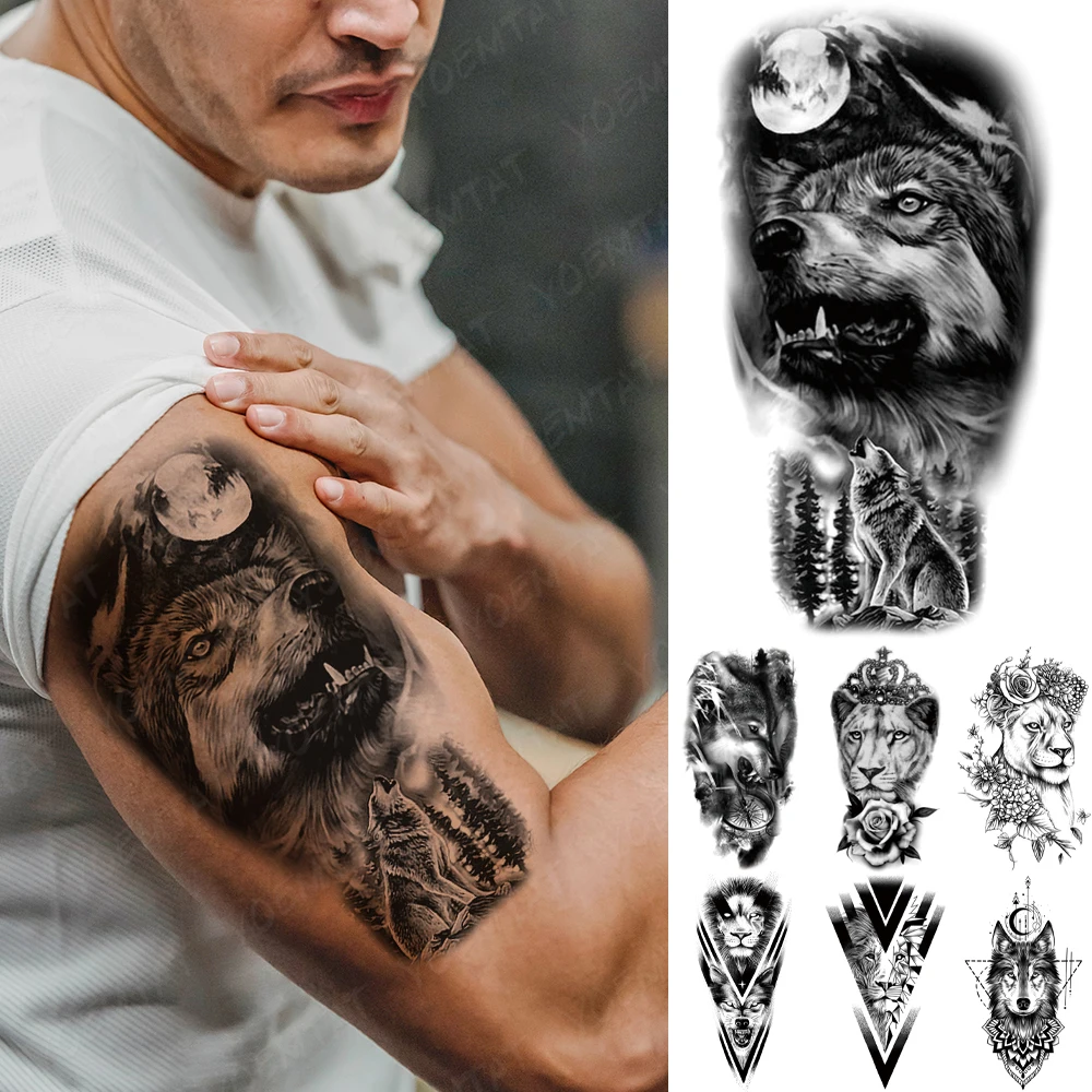 

Waterproof Temporary Tattoo Sticker Forest Wolf Moon Flash Tatto Lion Tiger King Rose Flowers Body Art Arm Fake Tatoo Men Women