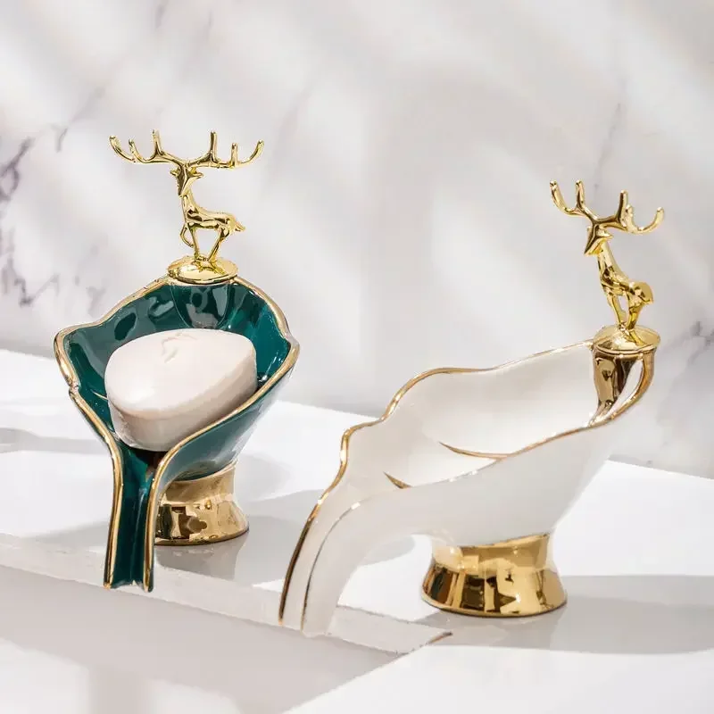 Luxury Ceramic Soap Dish Golden Deer Leaf Soap Dish Self Bathroom Box Tray Waterfall Holder Soap Holder Bathroom Accessories