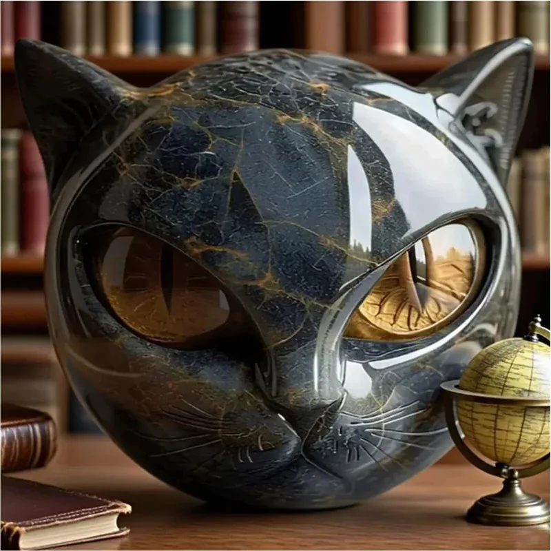 Black Cat Stone Look Figurine, Marble Texture Resin Cat Head Statue, Healing Style Desk Decor for Office Home, Cat Lover Gift