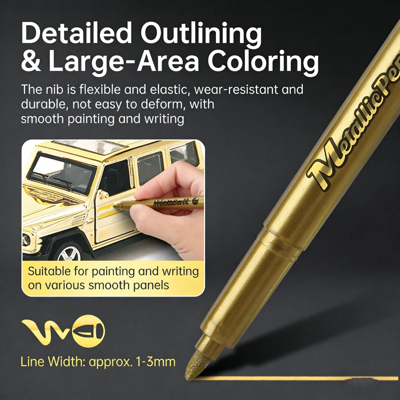 6Pcs/Set Metallic Marker Pens, Gold/Silver/White Medium Point Markers for Metal, Rock Painting, Black Paper & Card Making