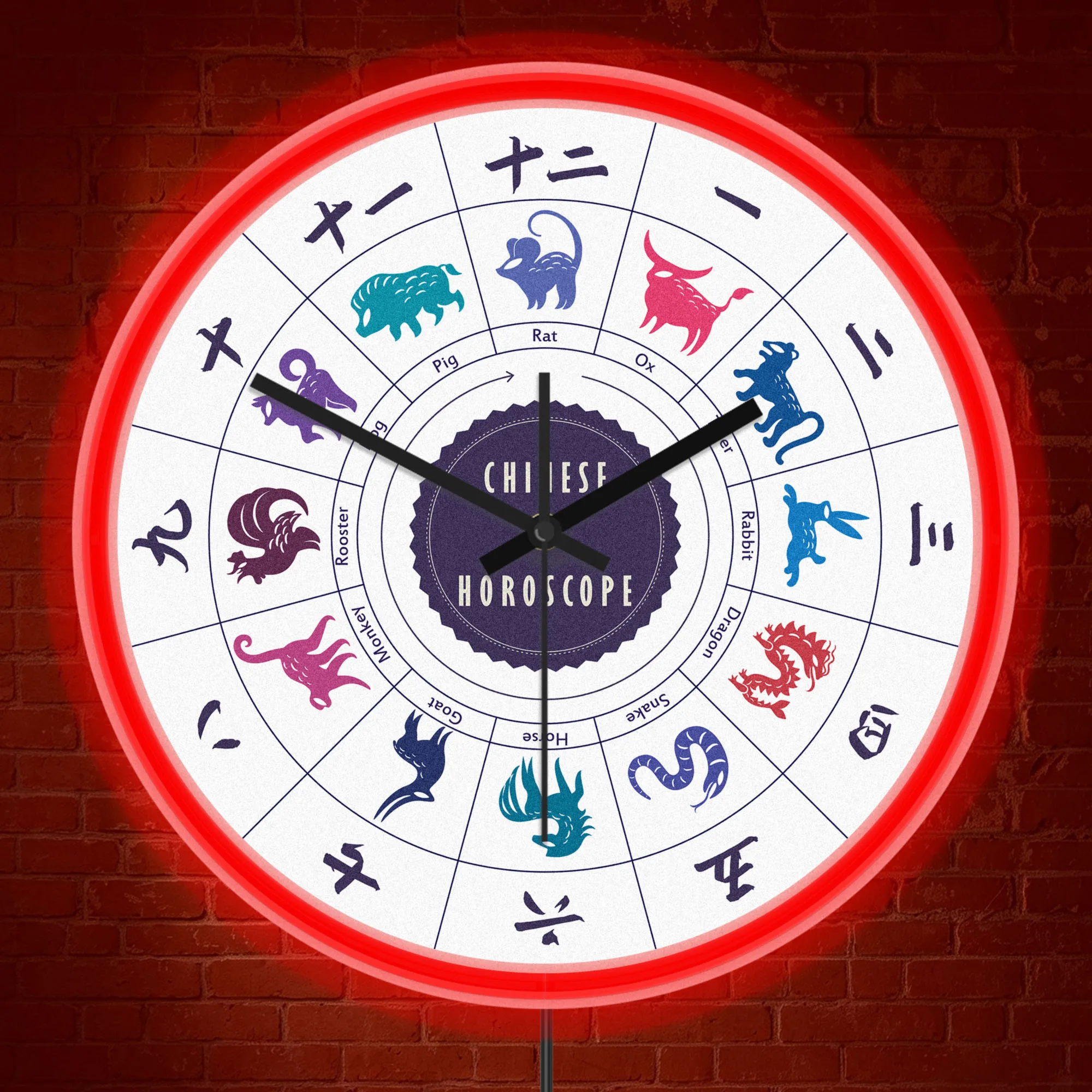 Chinese Zodiac Horoscope LED Neon Wall Clock Glow in Dark Asian Style Home Decor Zodiac Signs Illuminated Night Light Wall Clock