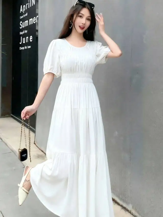 High Waist Bohemian Long Dress Skirt for Vacation Travel Ethnic Style Loose Fit Bubble Sleeve A-Line Gown Summer 2026