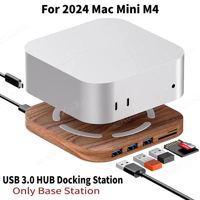 For 2024 Mac Mini M4 Computer USB3.0 HUB Walnut Desktop Stand Docking Station for Mac Mini M4 Pro PC Holder