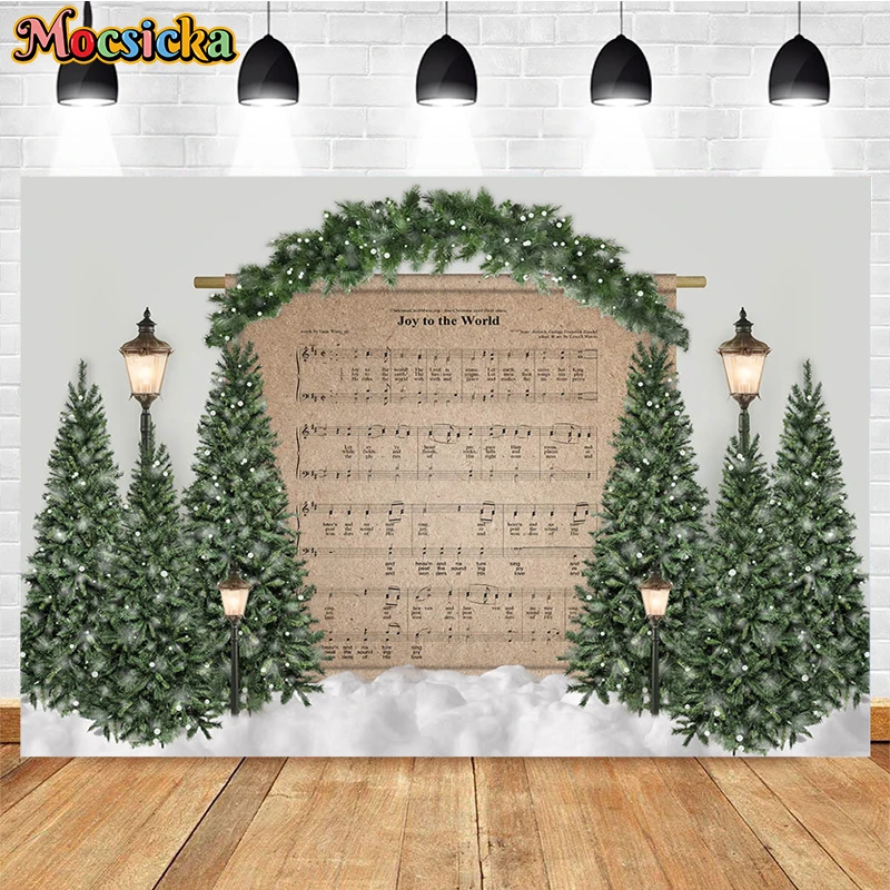 Mocsicka Christmas Backdrop Xmas Tree Winter Snow Music Score Decors Kids Birthday Backgrounds Photographs Shooting Props Banner