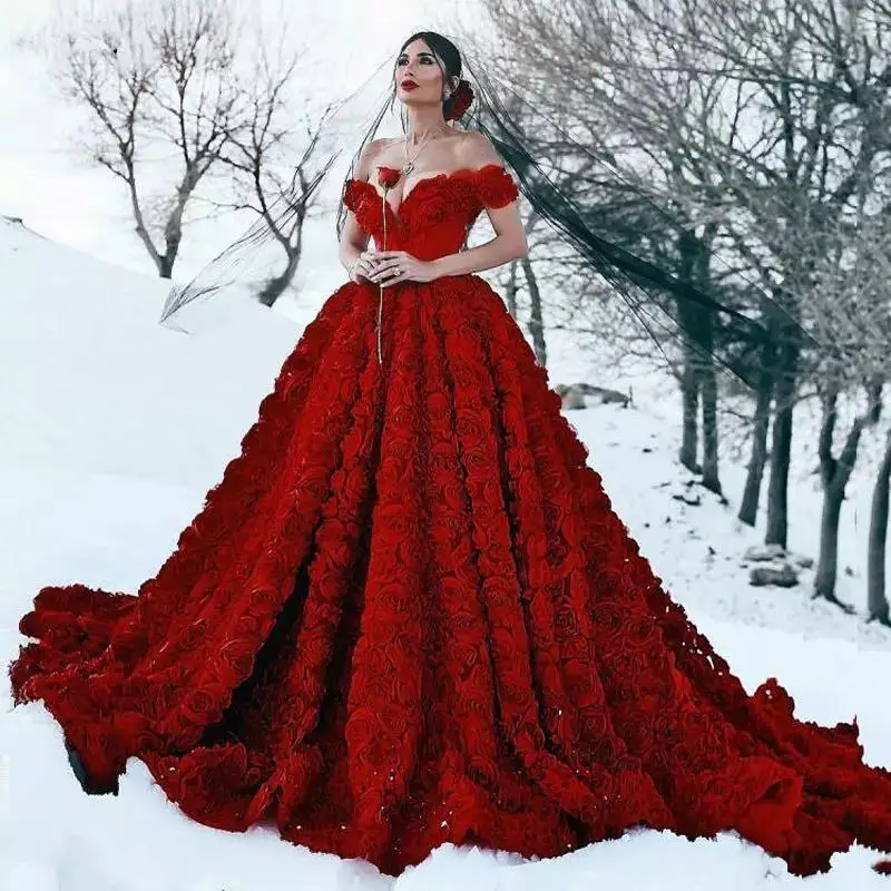 

Sexy Red Ball Gown Wedding Dresses Mariage 3D Flowers V Neck Plus Size Bridal Gowns Customized for Women's Vestidos De Novia