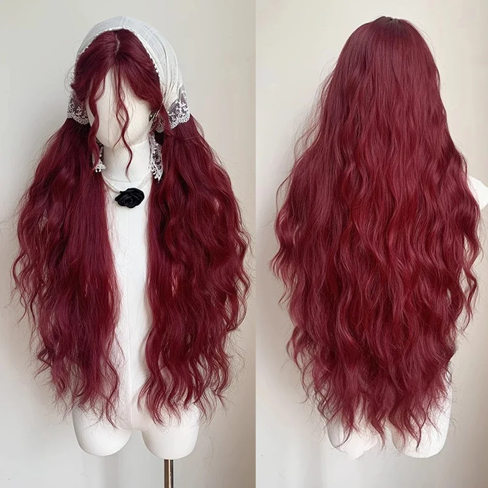 

Красный длинный синтетический волнистый парик, пушистый женский парик для косплея Лолиты, средняя часть, термостойкий для повседневной вечеринки