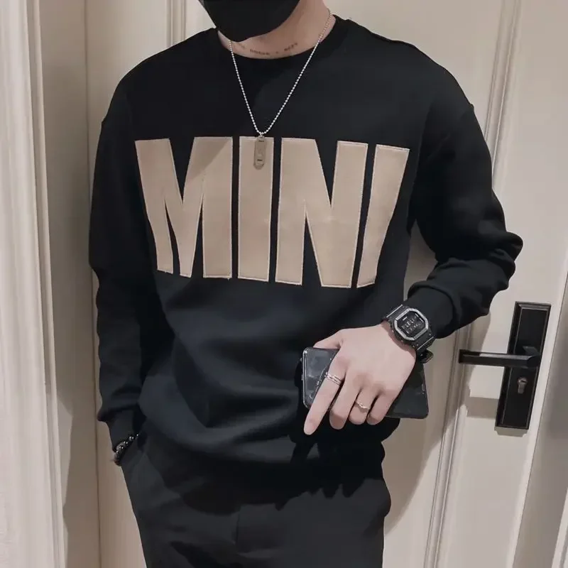 Sweatshirt For Men Black Top T-shirt Pullover Male Clothes Letter Hoodieless Print Korean Style Low Price Warm Autumn New In S