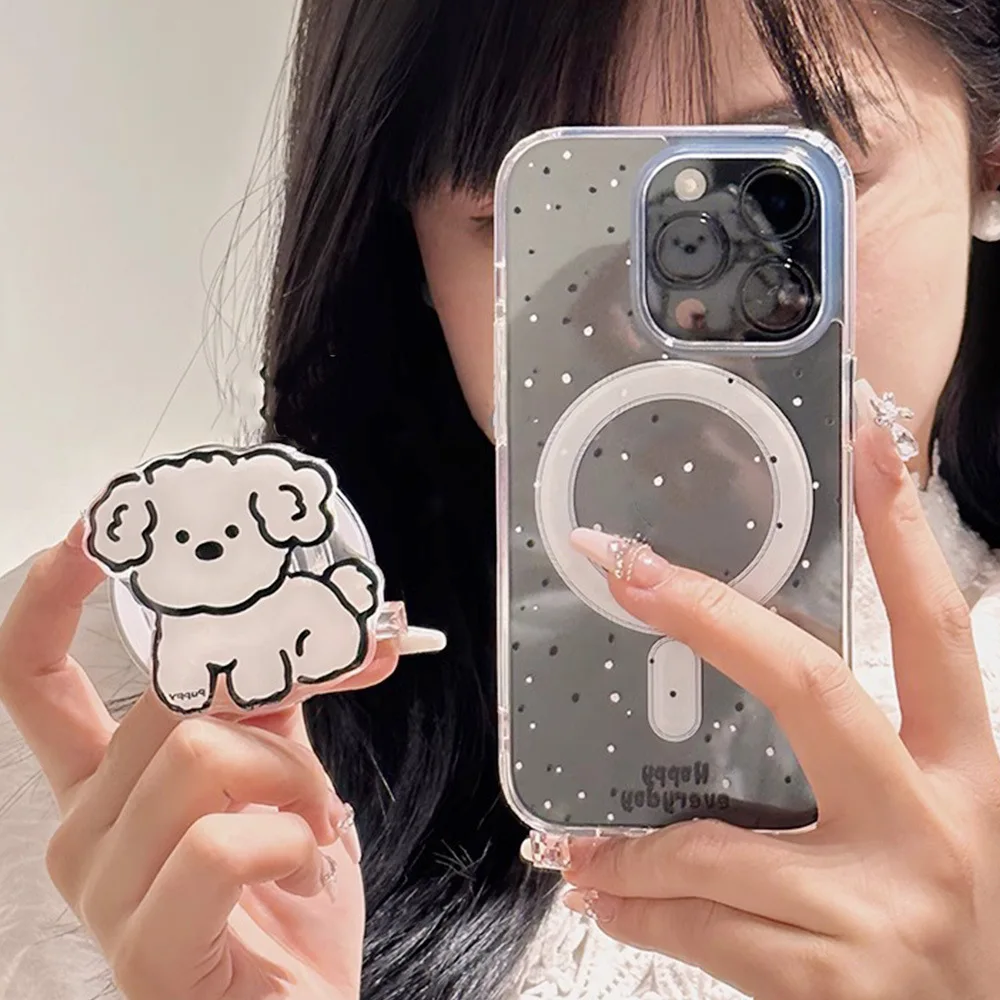 Cute Ink Splashing Puppy Magnetic Bracket Phone Case Fro IPhone 15 14 13 12 11 Pro Max Cartoon Transparent Shockproof Soft Cover