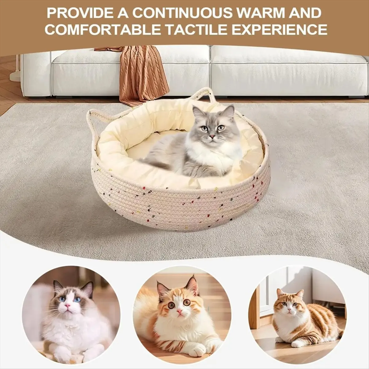 Donut Cat Bed Cute Bed for Indoor Cats Cotton Rope Nest Cushion Pet Supplies for Kitten Sleeping Calming Scratching Home A