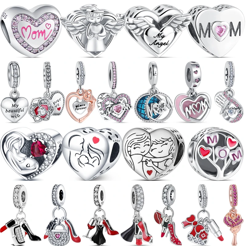 

Hot 925 Silver Love Angel Mom Beautiful Wife Handbag Lipstick High Heels Heart Charm Beads Fit Pandora Original Bracelet Jewelry