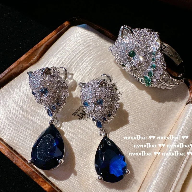 

Sri Lankan Blue Teardrop Kitten Gemstone Earrings Rich Lady's Joy Plating18KGold Luxurious Zircon Cat Ring